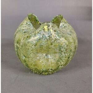 Antique Dugan Glass Striped Frit Vase Rose Bowl Pinched Form Pompeian Green